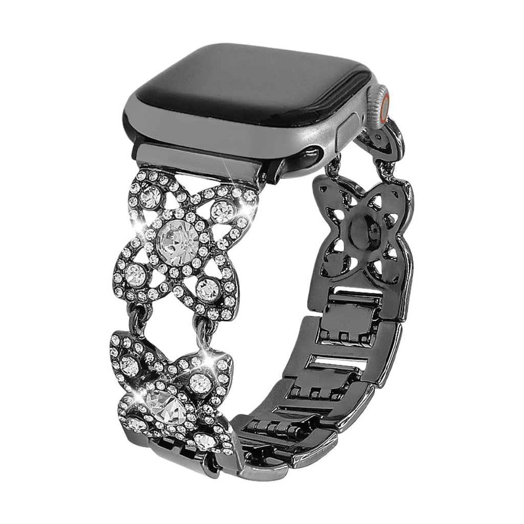 Correa Apple Watch para mujer de metal, motivo de tréboles engastados con circonitas brillantes, malla fantasía elegante, modelo Yadna