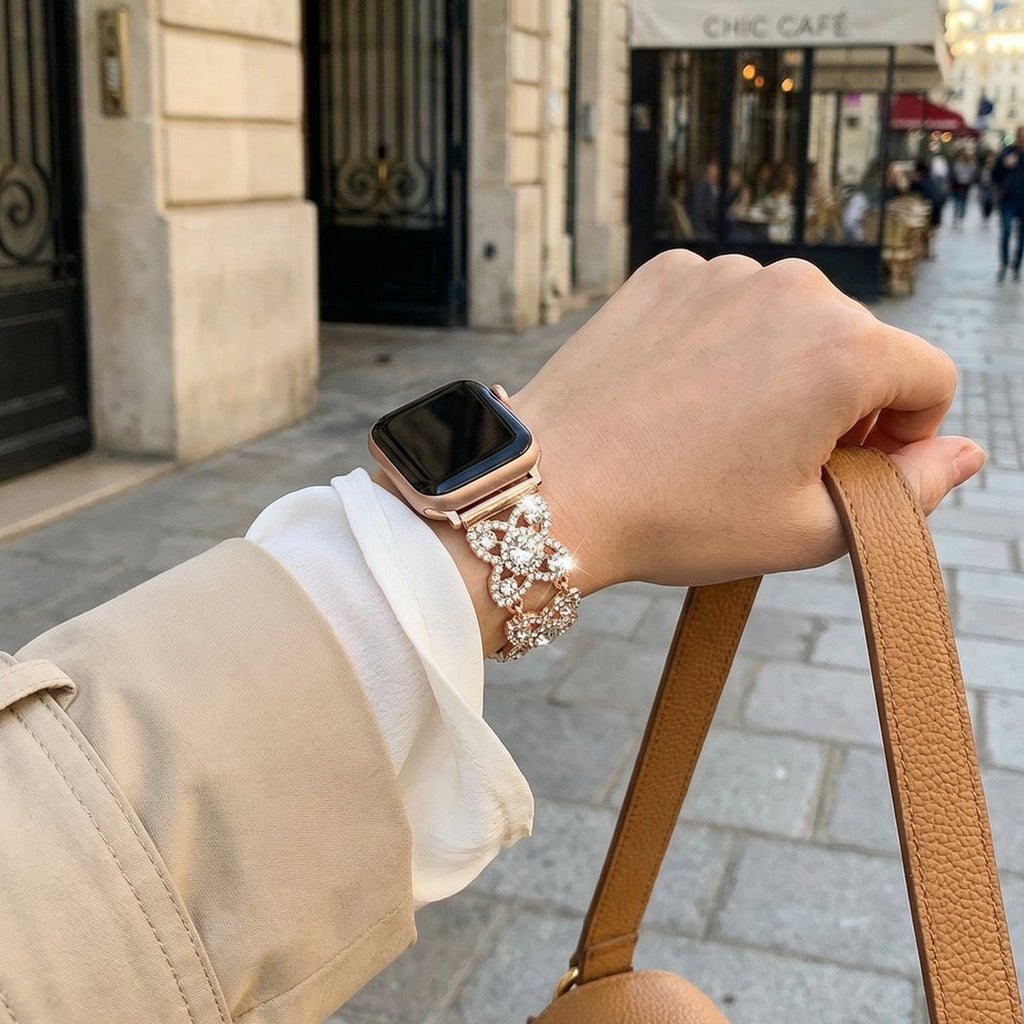 Correa Apple Watch para mujer de metal, motivo de tréboles engastados con circonitas brillantes, malla fantasía elegante, modelo Yadna