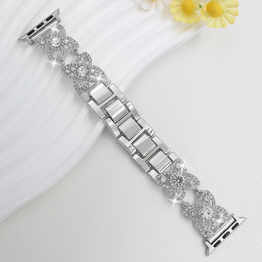 Correa Apple Watch para mujer de metal, motivo de tréboles engastados con circonitas brillantes, malla fantasía elegante, modelo Yadna