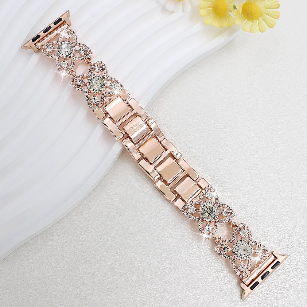 Correa Apple Watch para mujer de metal, motivo de tréboles engastados con circonitas brillantes, malla fantasía elegante, modelo Yadna