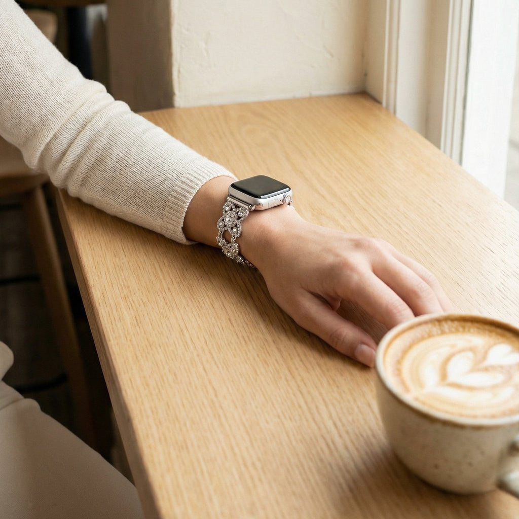 Correa Apple Watch para mujer de metal, motivo de tréboles engastados con circonitas brillantes, malla fantasía elegante, modelo Yadna
