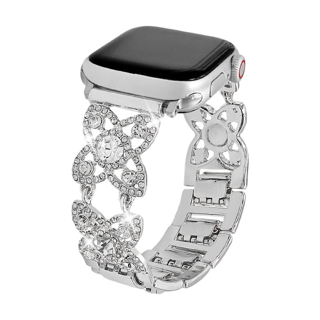 Correa Apple Watch para mujer de metal, motivo de tréboles engastados con circonitas brillantes, malla fantasía elegante, modelo Yadna