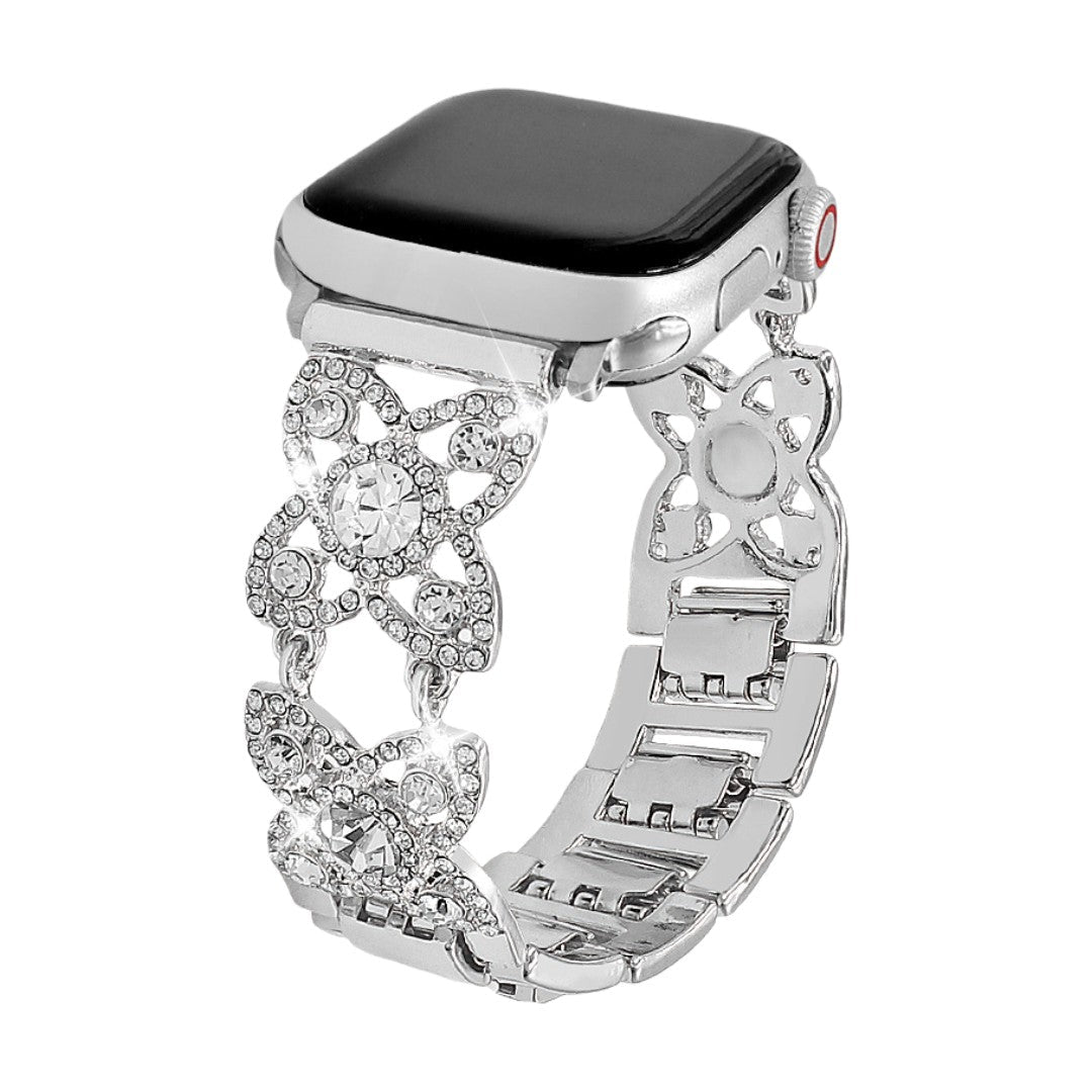 Correa Apple Watch para mujer de metal, motivo de tréboles engastados con circonitas brillantes, malla fantasía elegante, modelo Yadna