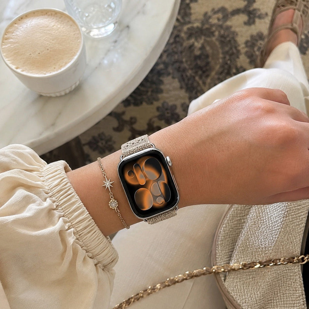 Pulsera de mujer para Apple Watch en nailón trenzado transpirable, hebilla de espiga de acero inoxidable, compatible con todas las series, colores rojo vivo, azul marino, beige y gris pizarra, modelo Urtia
