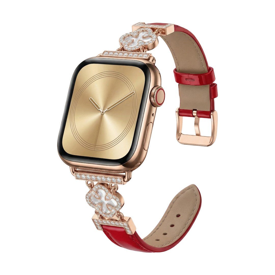 Correa Apple Watch para mujer en material sintético charolado, motivo trébol pavé de circonitas, aleación dorada elegante, modelo Circé