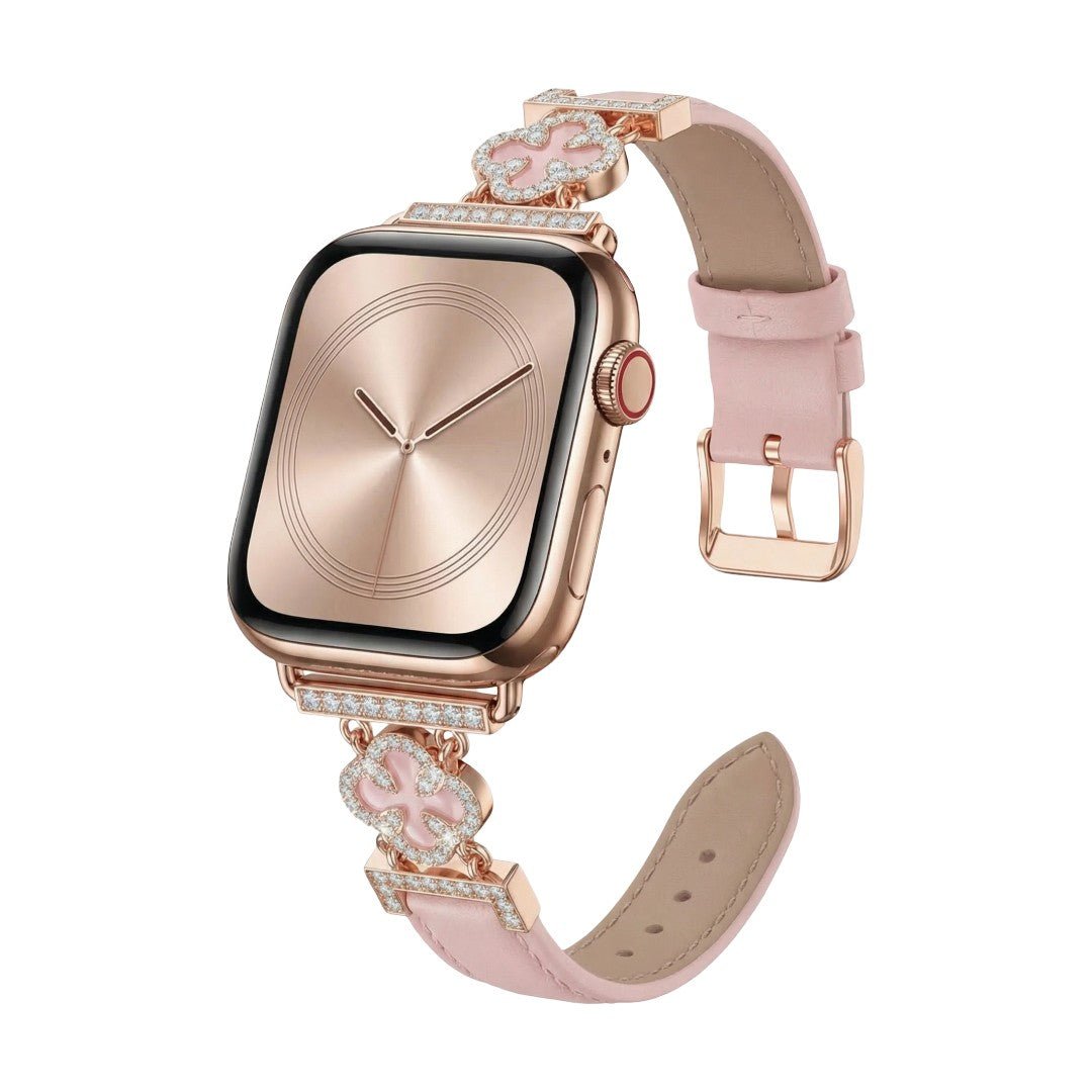 Correa Apple Watch para mujer en material sintético charolado, motivo trébol pavé de circonitas, aleación dorada elegante, modelo Circé