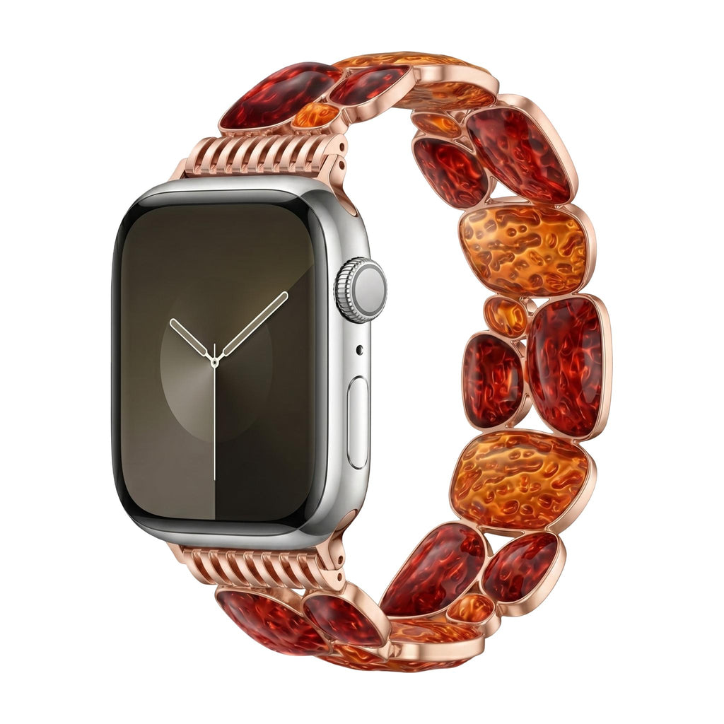 Correa Apple Watch para mujer, eslabones de resina ámbar, acabado metálico, comodidad elástica, estilo chic, modelo Agarte