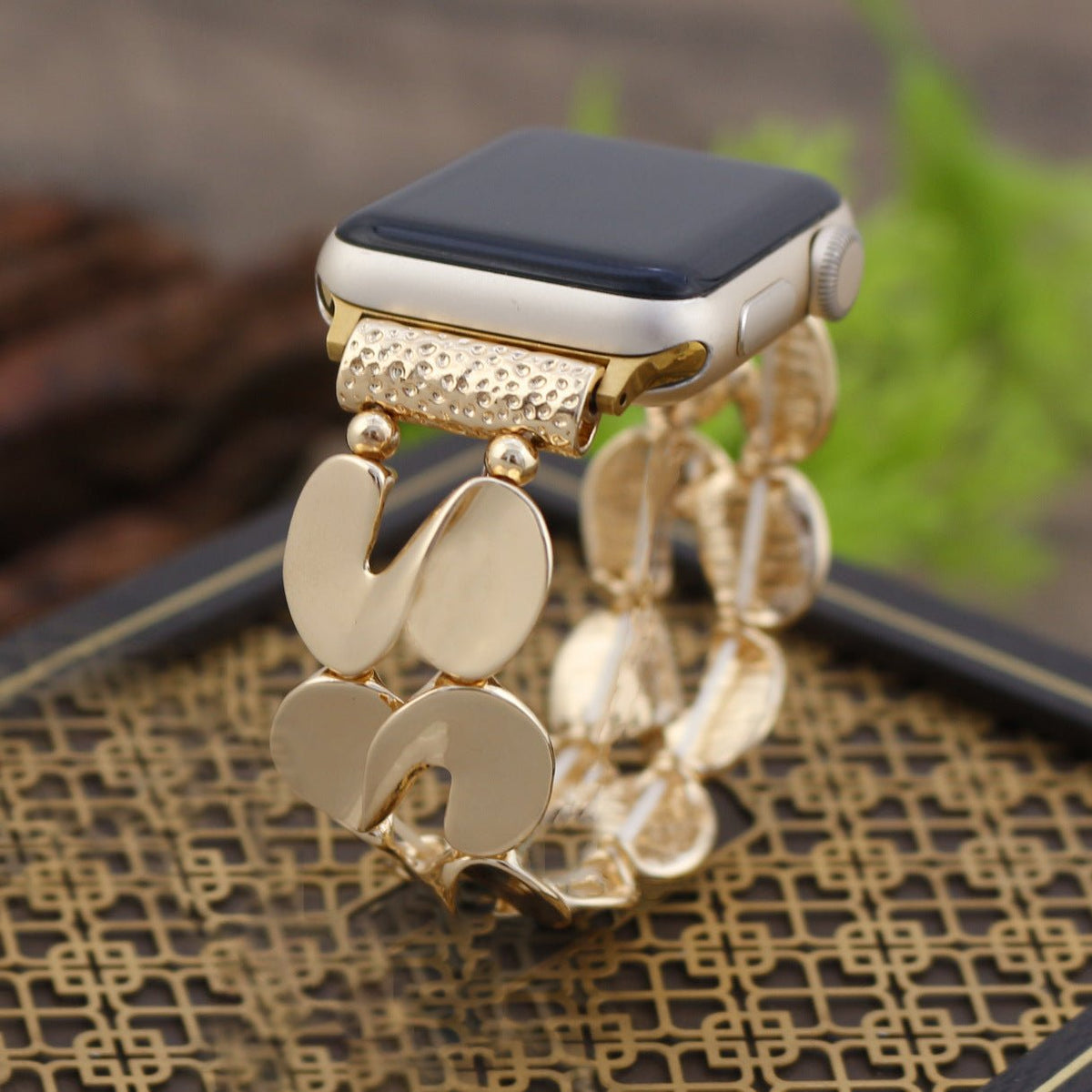 Correa Apple Watch, eslabones en S pulidos, elástica, acabado dorado o plateado, modelo Souria