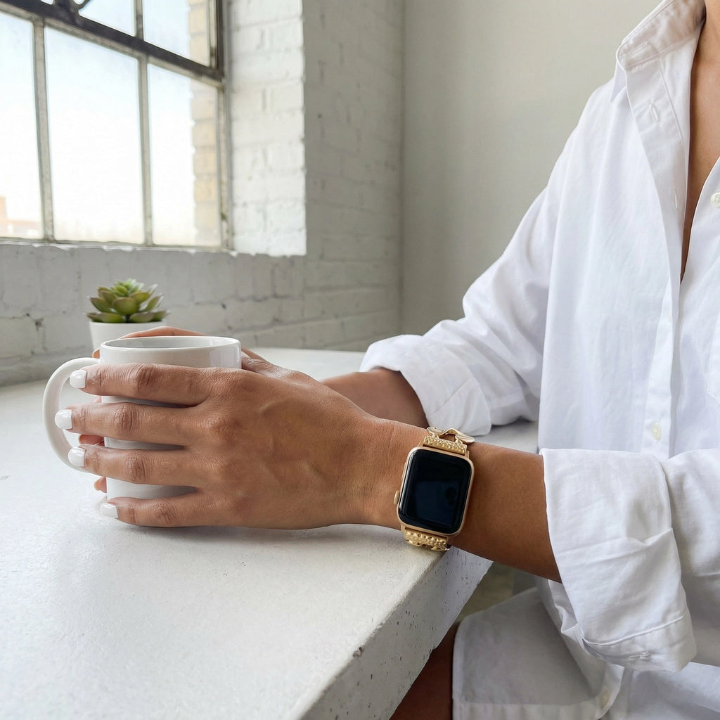 Correa Apple Watch, eslabones en S pulidos, elástica, acabado dorado o plateado, modelo Souria