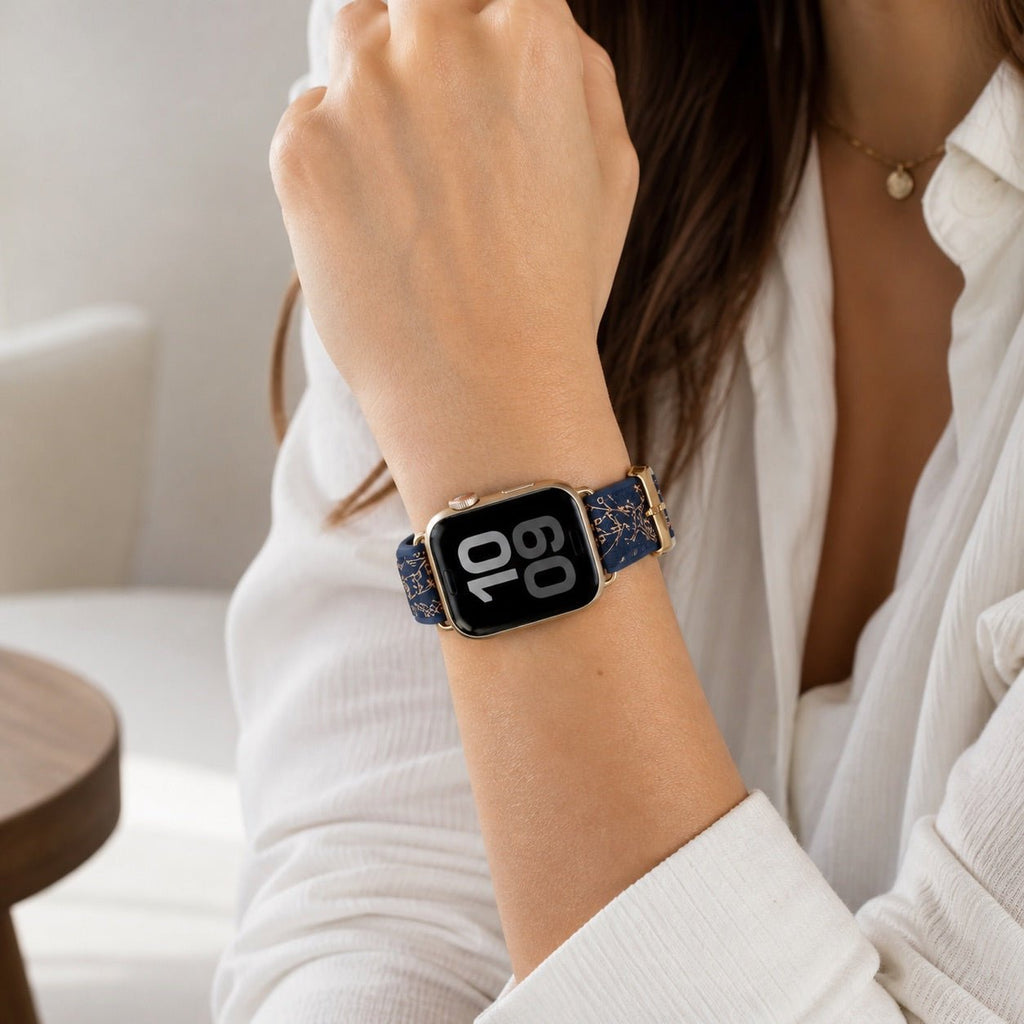 Correa Apple Watch de silicona, motivo floral dorado estampado, cierre de hebilla, modelo Jendie