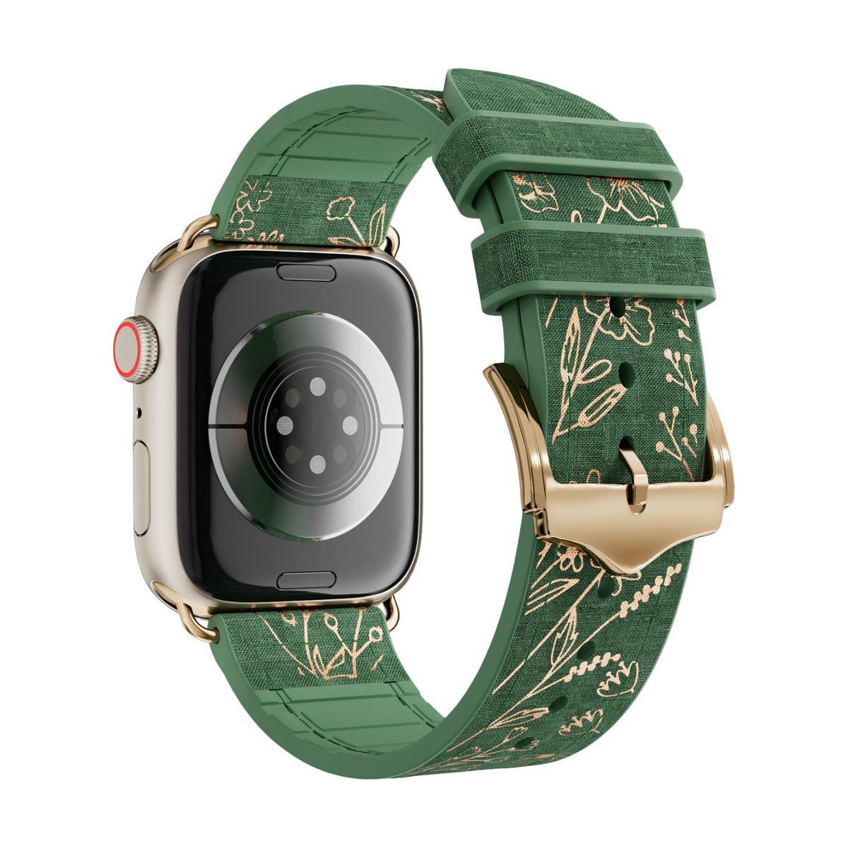 Correa Apple Watch de silicona, motivo floral dorado estampado, cierre de hebilla, modelo Jendie