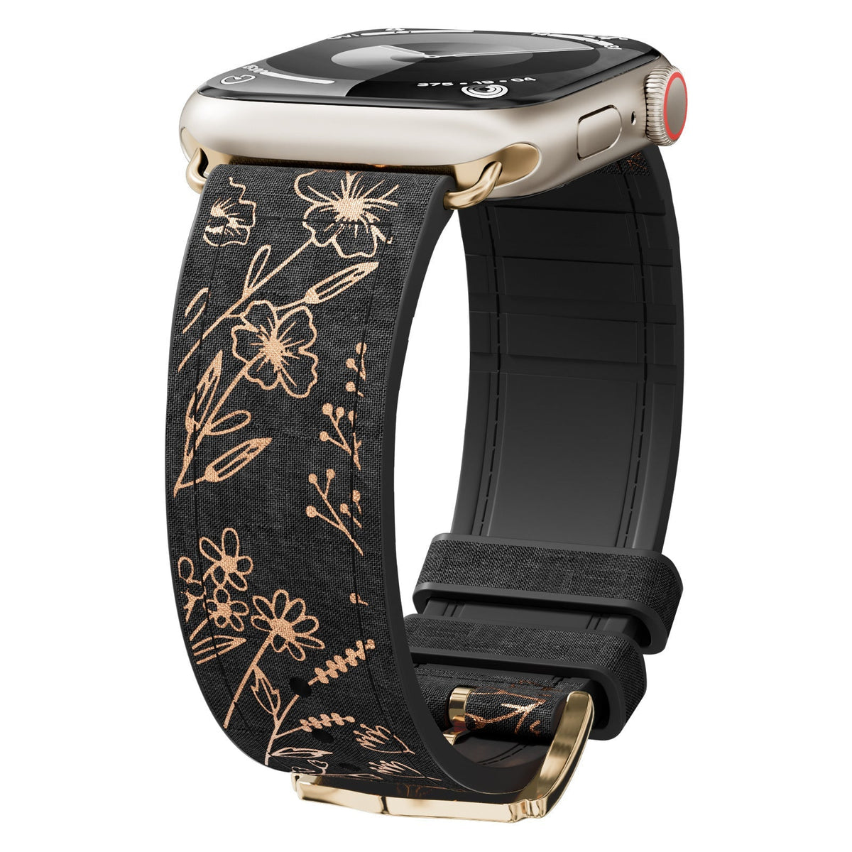 Correa Apple Watch de silicona, motivo floral dorado estampado, cierre de hebilla, modelo Jendie