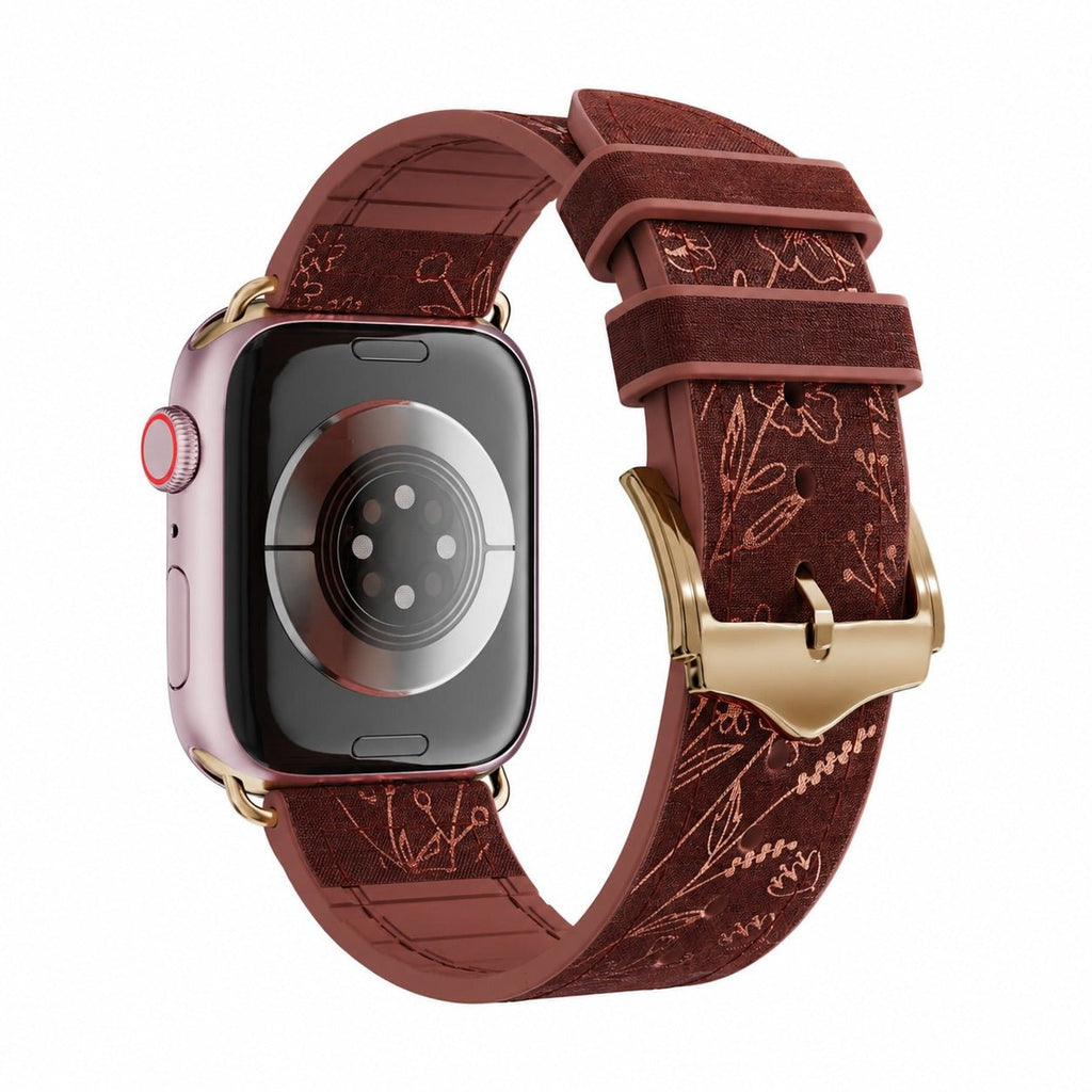 Correa Apple Watch de silicona, motivo floral dorado estampado, cierre de hebilla, modelo Jendie