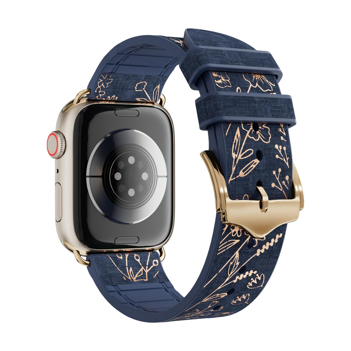 Correa Apple Watch de silicona, motivo floral dorado estampado, cierre de hebilla, modelo Jendie