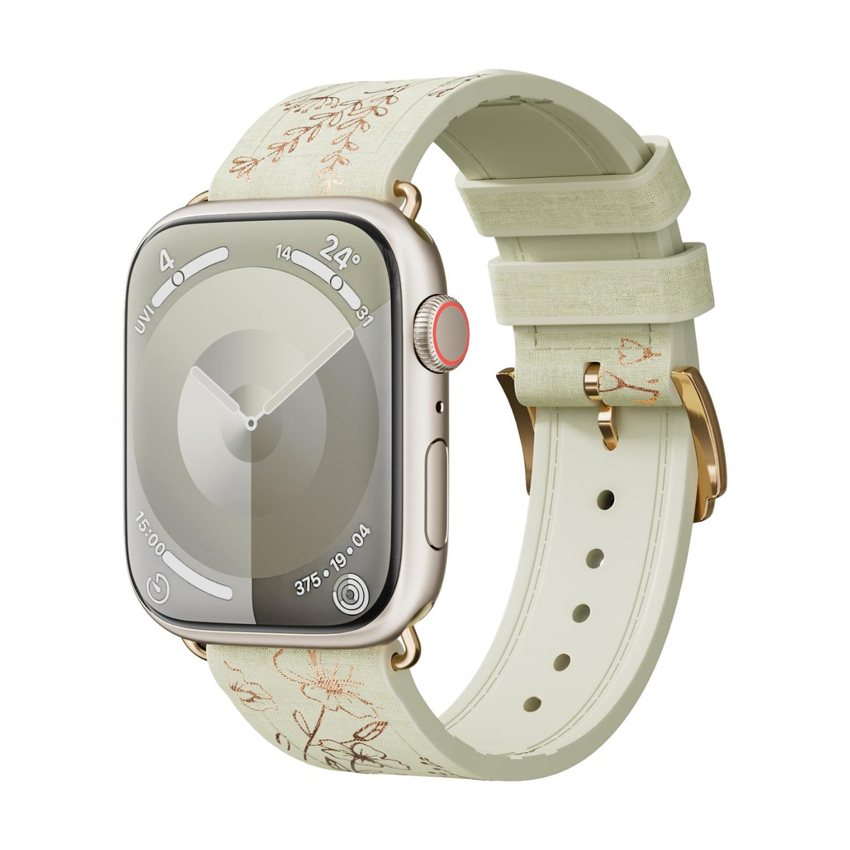 Correa Apple Watch de silicona, motivo floral dorado estampado, cierre de hebilla, modelo Jendie