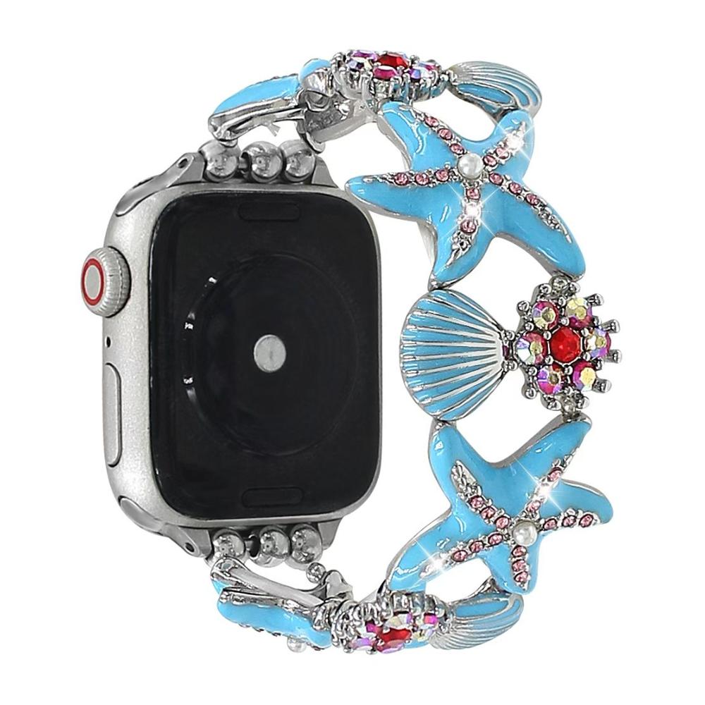 Correa Apple Watch para mujer, motivos marinos, estrellas de mar, conchas, strass de colores, aleación metálica, elástica, modelo Mazia