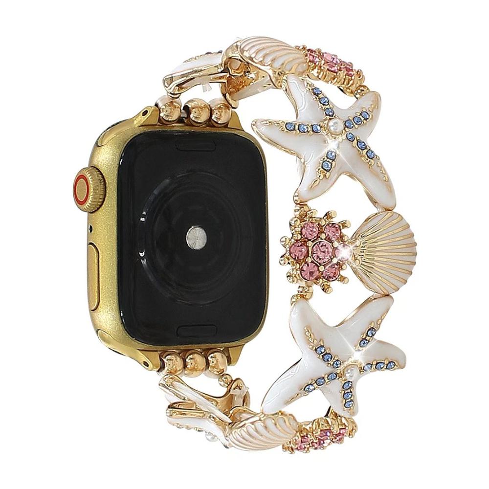 Correa Apple Watch para mujer, motivos marinos, estrellas de mar, conchas, strass de colores, aleación metálica, elástica, modelo Mazia