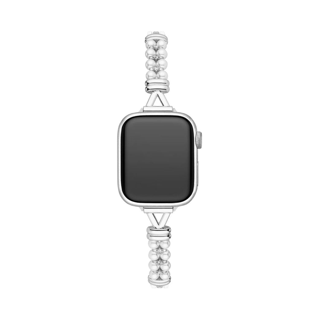 Correa Apple Watch de perlas y eslabones calados, acabado dorado o plateado, para mujer, modelo Yizelle