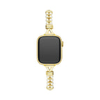 Correa Apple Watch de perlas y eslabones calados, acabado dorado o plateado, para mujer, modelo Yizelle