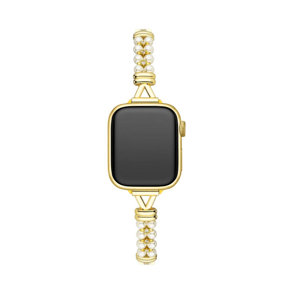 Correa Apple Watch de perlas y eslabones calados, acabado dorado o plateado, para mujer, modelo Yizelle