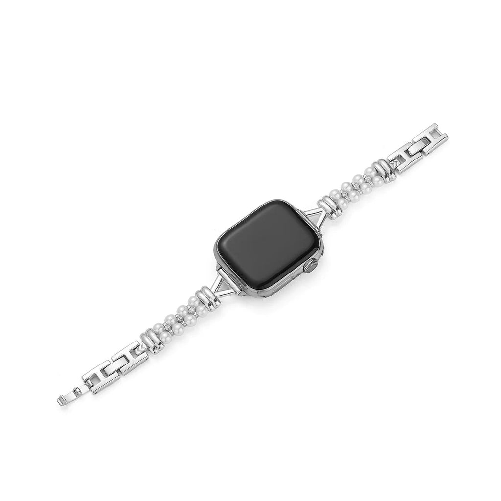 Correa Apple Watch de perlas y eslabones calados, acabado dorado o plateado, para mujer, modelo Yizelle