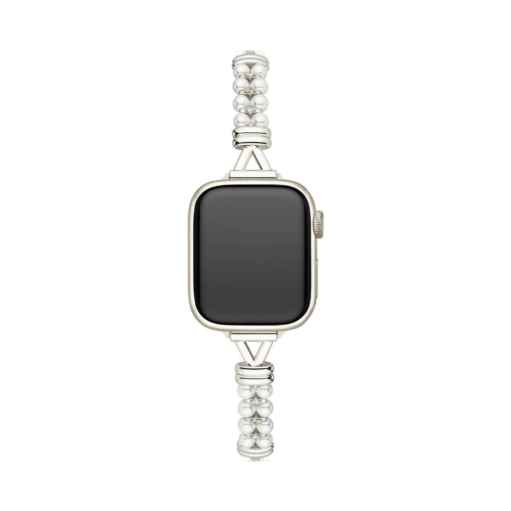 Correa Apple Watch de perlas y eslabones calados, acabado dorado o plateado, para mujer, modelo Yizelle