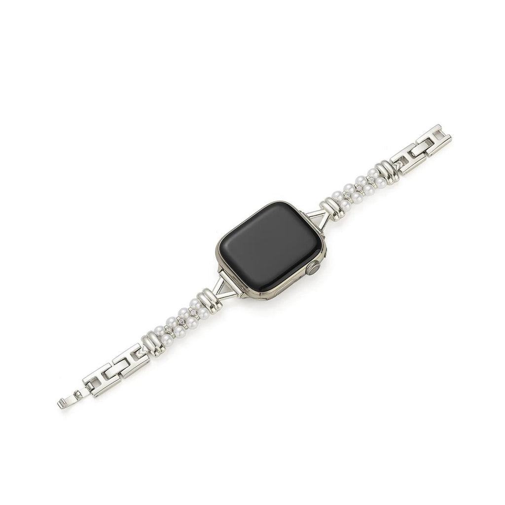 Correa Apple Watch de perlas y eslabones calados, acabado dorado o plateado, para mujer, modelo Yizelle