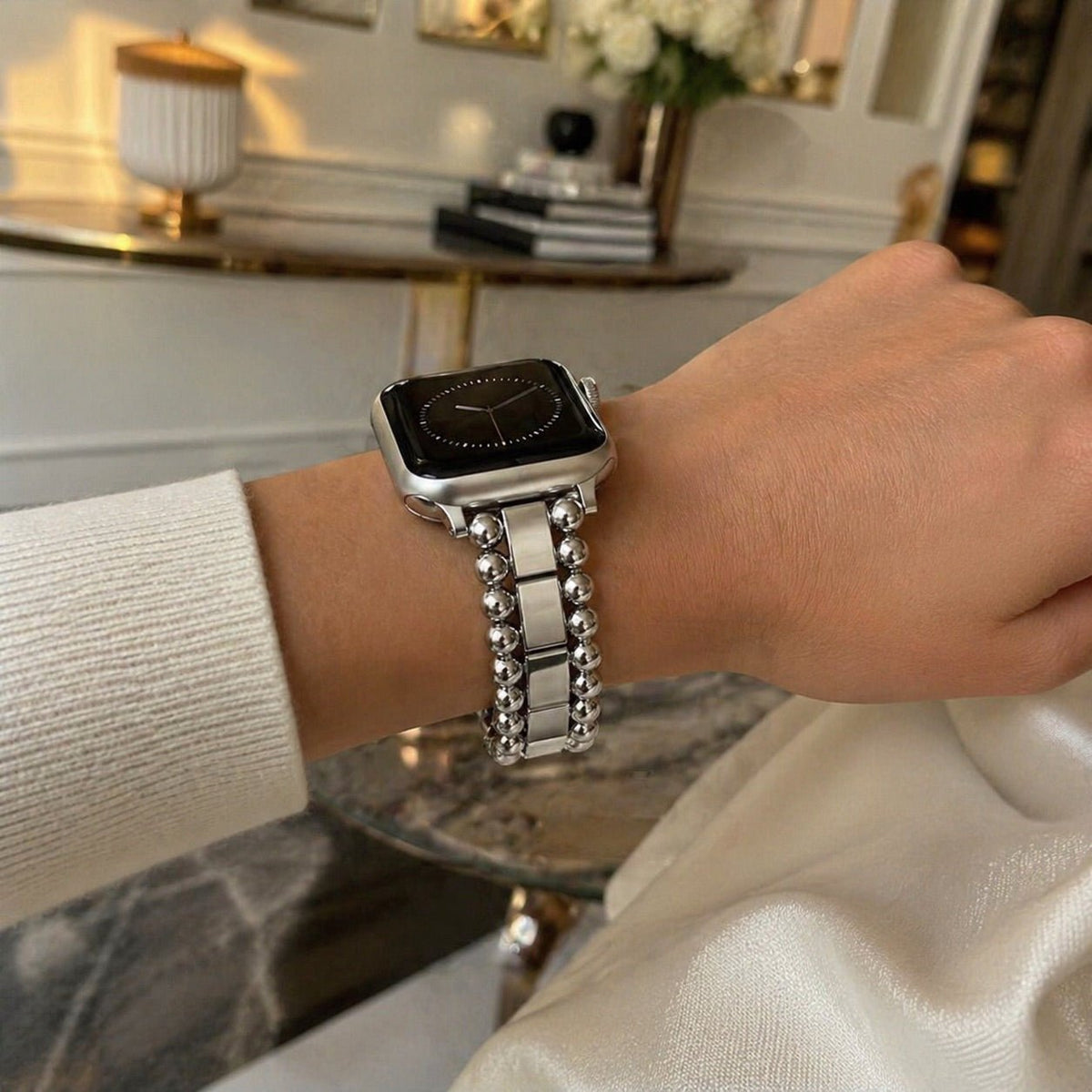 Pulsera para Apple Watch de cuentas redondas y eslabones rectangulares, cierre mariposa, modelo Anya