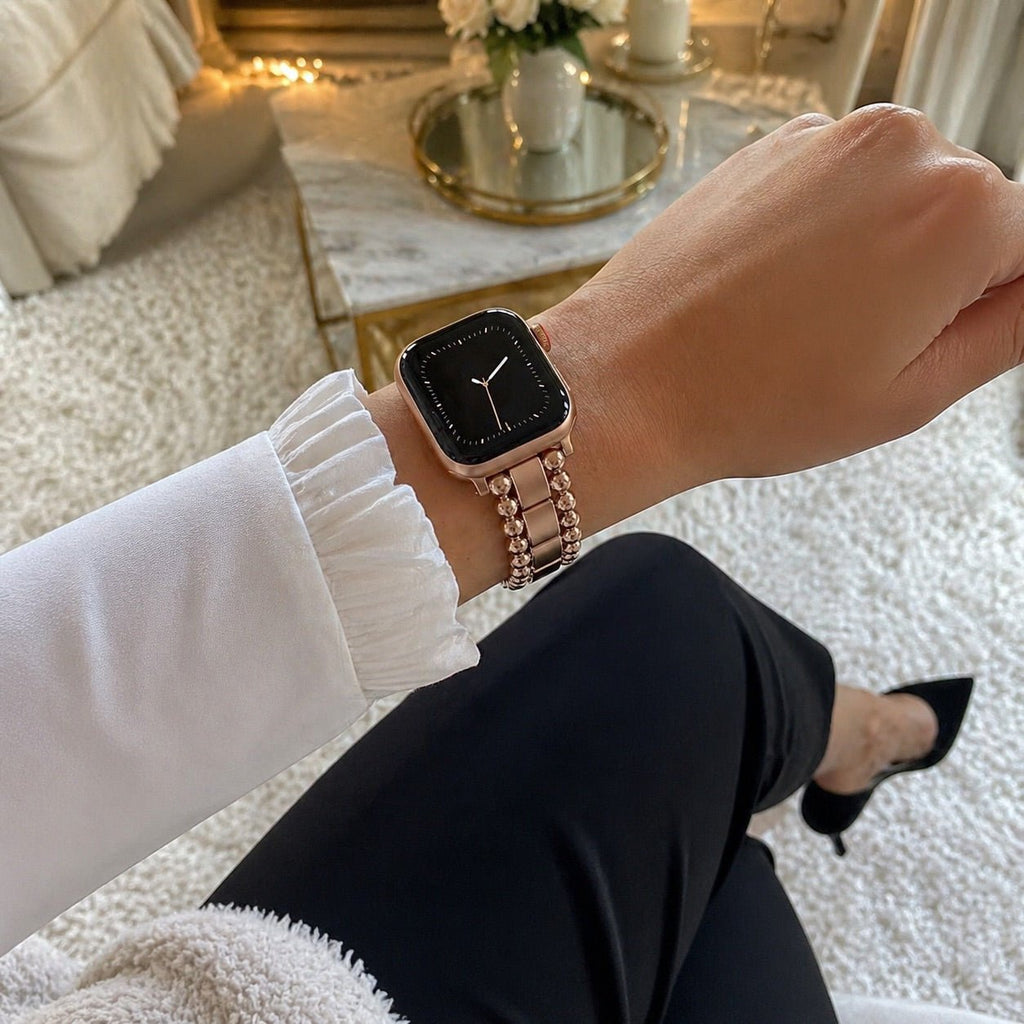 Pulsera para Apple Watch de cuentas redondas y eslabones rectangulares, cierre mariposa, modelo Anya