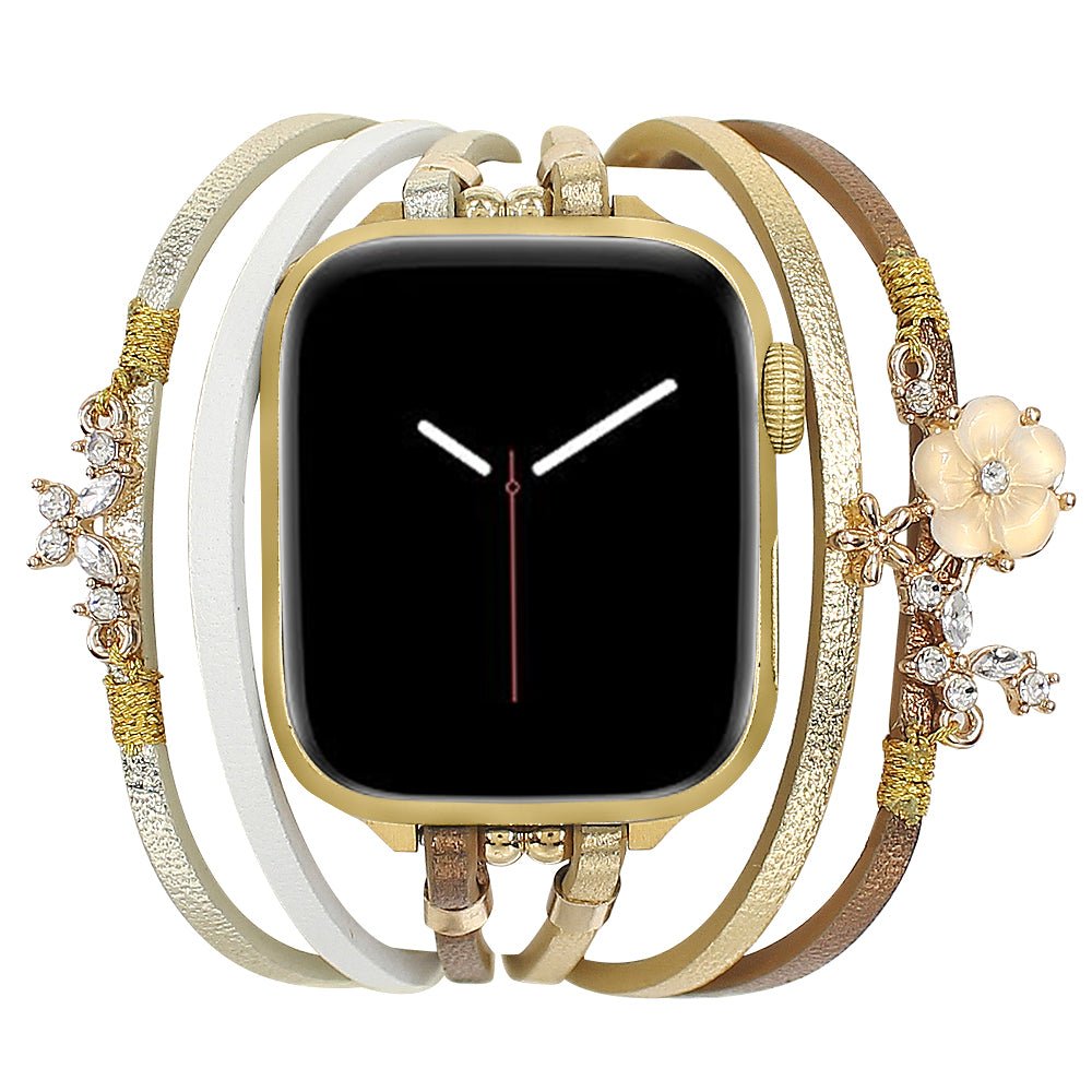 Correa Apple Watch elegante para mujer, de cuero (crosta), correa multivueltas dorada, look floral, modelo Florence
