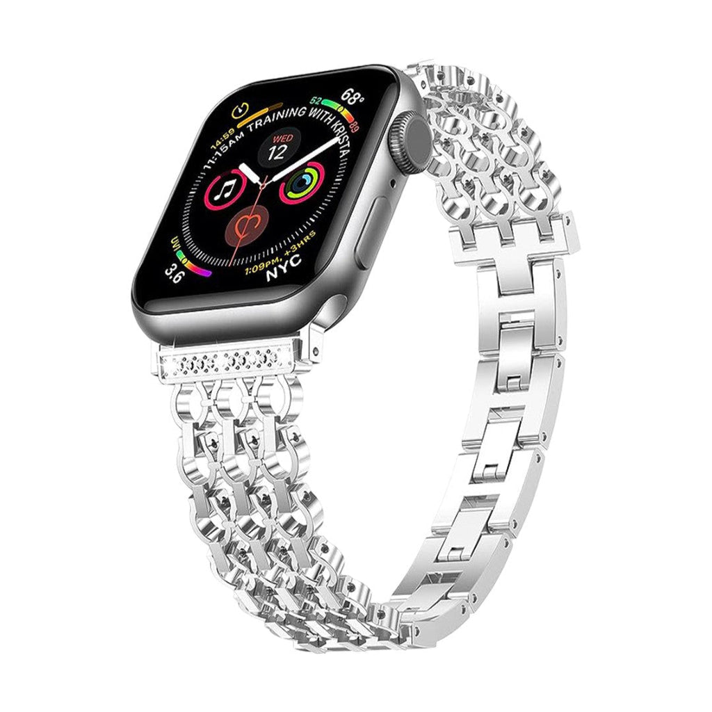 Correa Apple Watch de malla metálica elegante, cadena estructurada tipo eslabón con detalles de circonitas, modelo Rija
