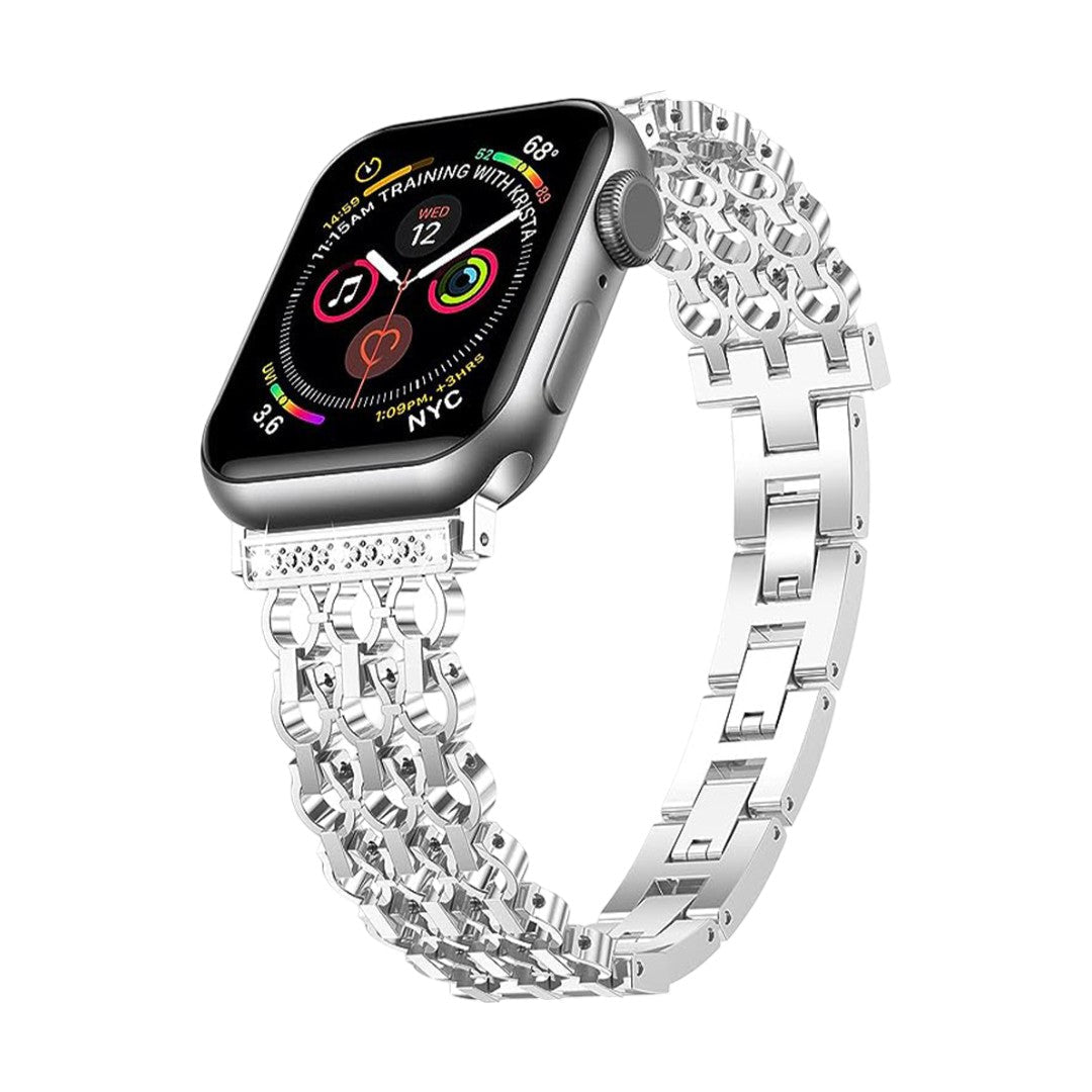 Correa Apple Watch de malla metálica elegante, cadena estructurada tipo eslabón con detalles de circonitas, modelo Rija