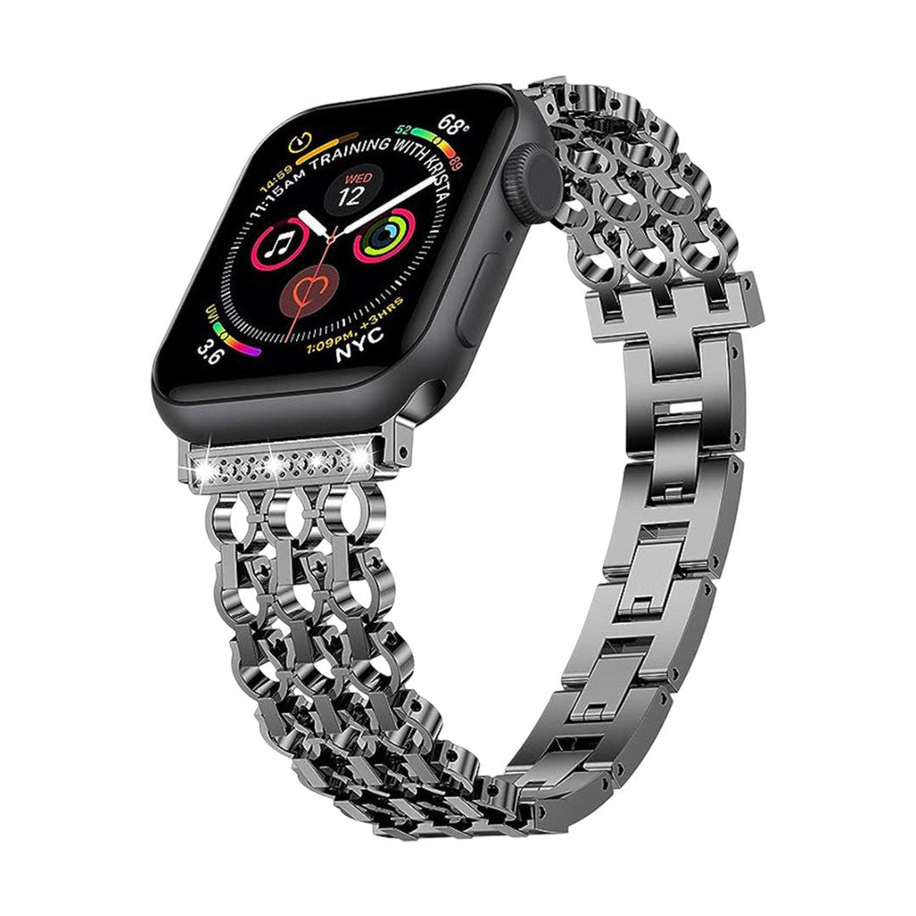 Correa Apple Watch de malla metálica elegante, cadena estructurada tipo eslabón con detalles de circonitas, modelo Rija