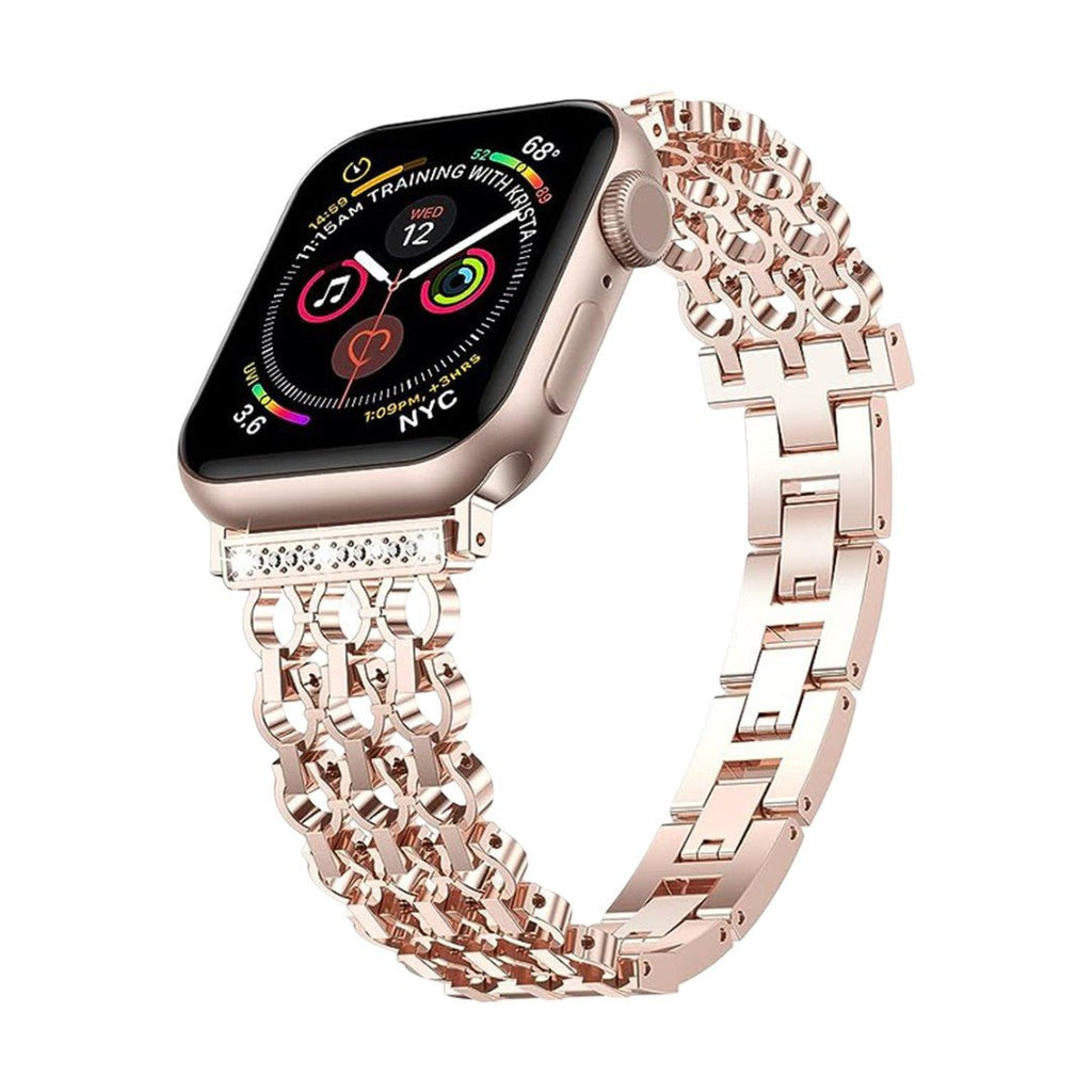 Correa Apple Watch de malla metálica elegante, cadena estructurada tipo eslabón con detalles de circonitas, modelo Rija