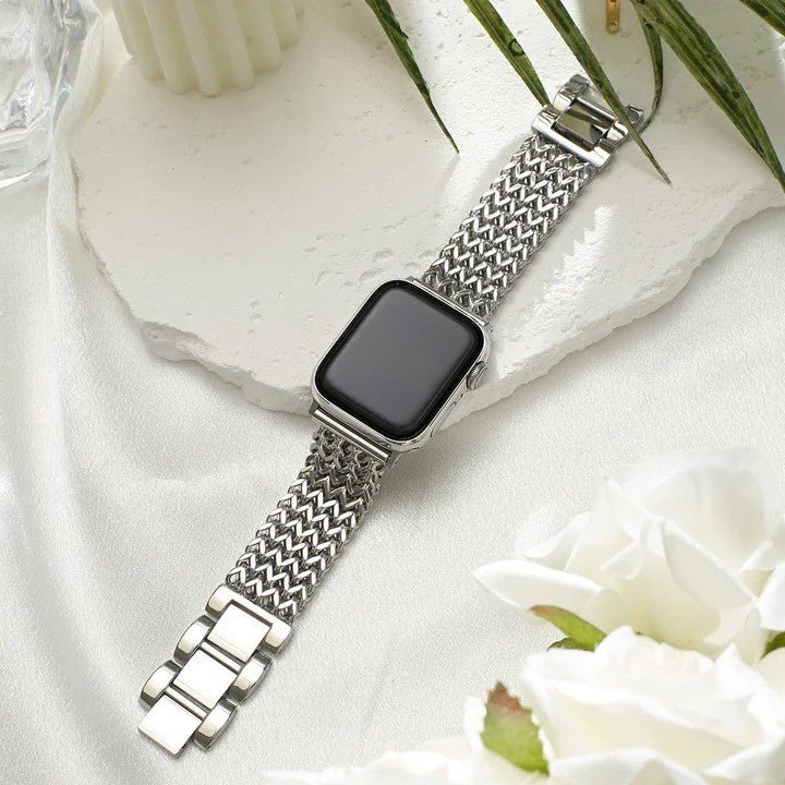 Correa Apple Watch de acero inoxidable, malla Spiga trenzada en espiga, modelo Clytia