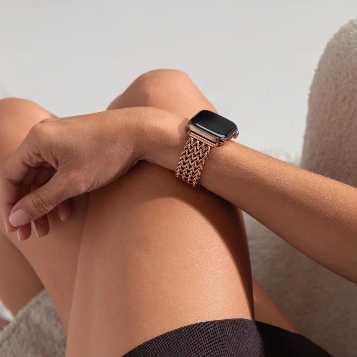 Correa Apple Watch de acero inoxidable, malla Spiga trenzada en espiga, modelo Clytia