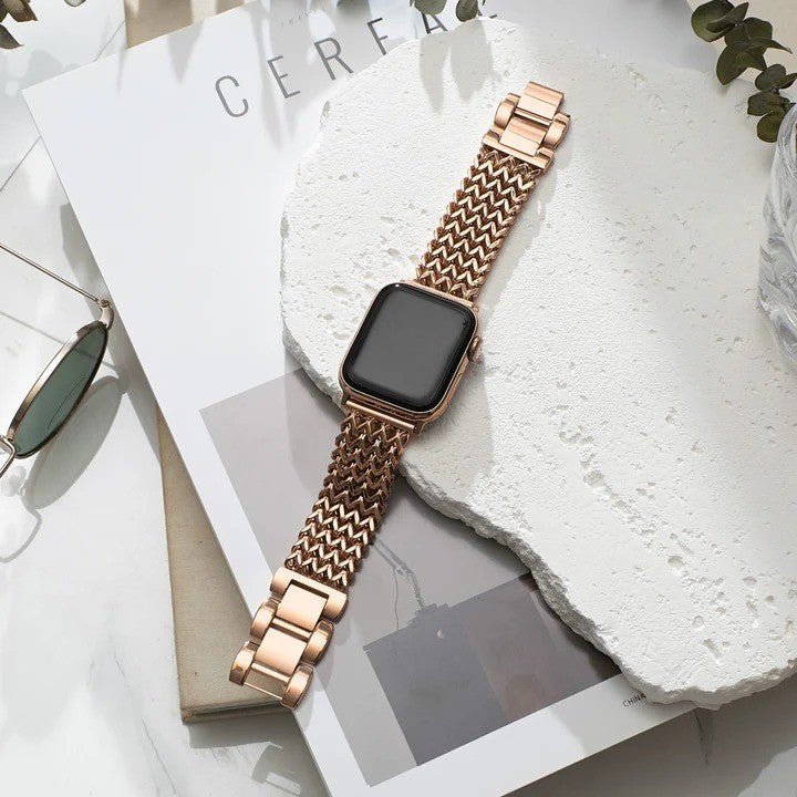 Correa Apple Watch de acero inoxidable, malla Spiga trenzada en espiga, modelo Clytia