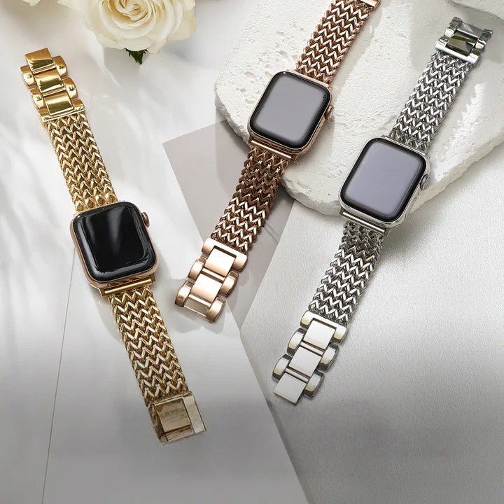 Correa Apple Watch de acero inoxidable, malla Spiga trenzada en espiga, modelo Clytia