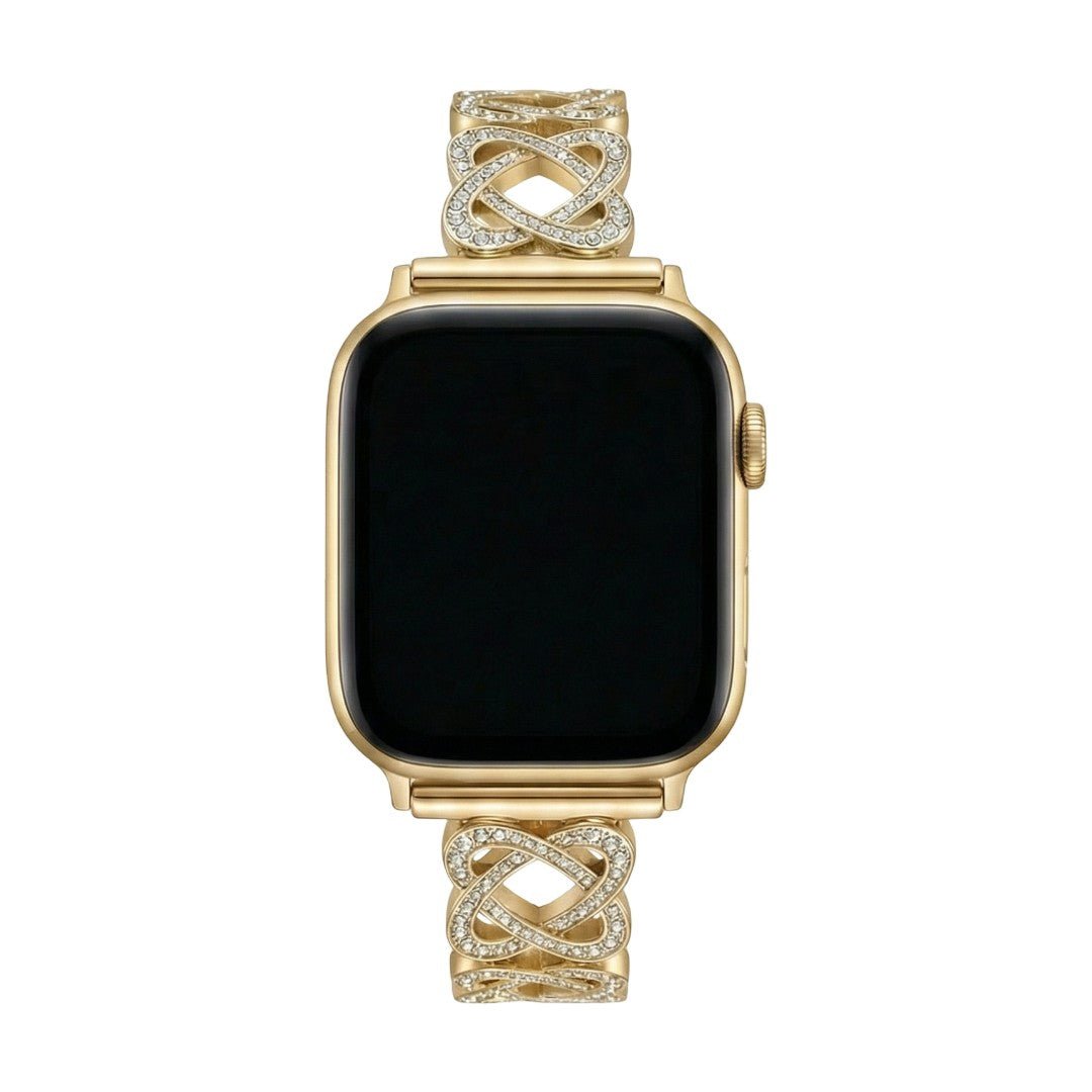Correa Apple Watch de eslabones entrelazados, motivo infinito engastado con circonitas, cierre de trinquete, modelo Zergone