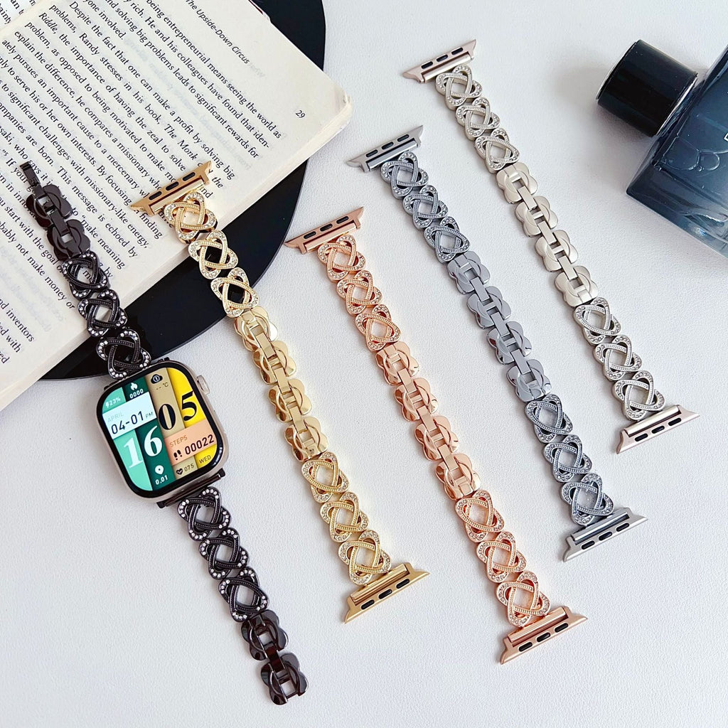 Correa Apple Watch de eslabones entrelazados, motivo infinito engastado con circonitas, cierre de trinquete, modelo Zergone