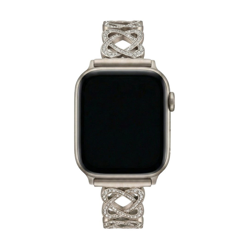 Correa Apple Watch de eslabones entrelazados, motivo infinito engastado con circonitas, cierre de trinquete, modelo Zergone