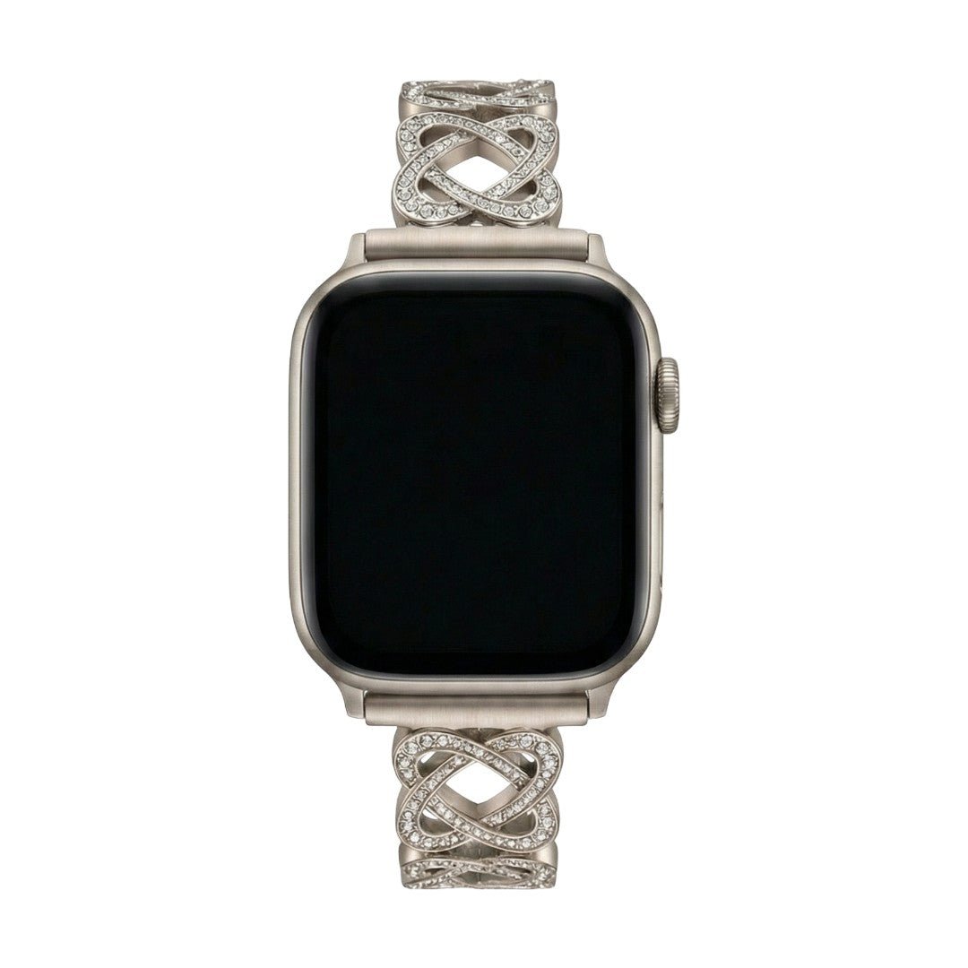 Correa Apple Watch de eslabones entrelazados, motivo infinito engastado con circonitas, cierre de trinquete, modelo Zergone
