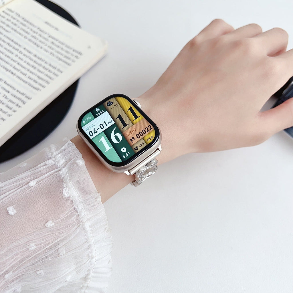 Correa Apple Watch de eslabones entrelazados, motivo infinito engastado con circonitas, cierre de trinquete, modelo Zergone
