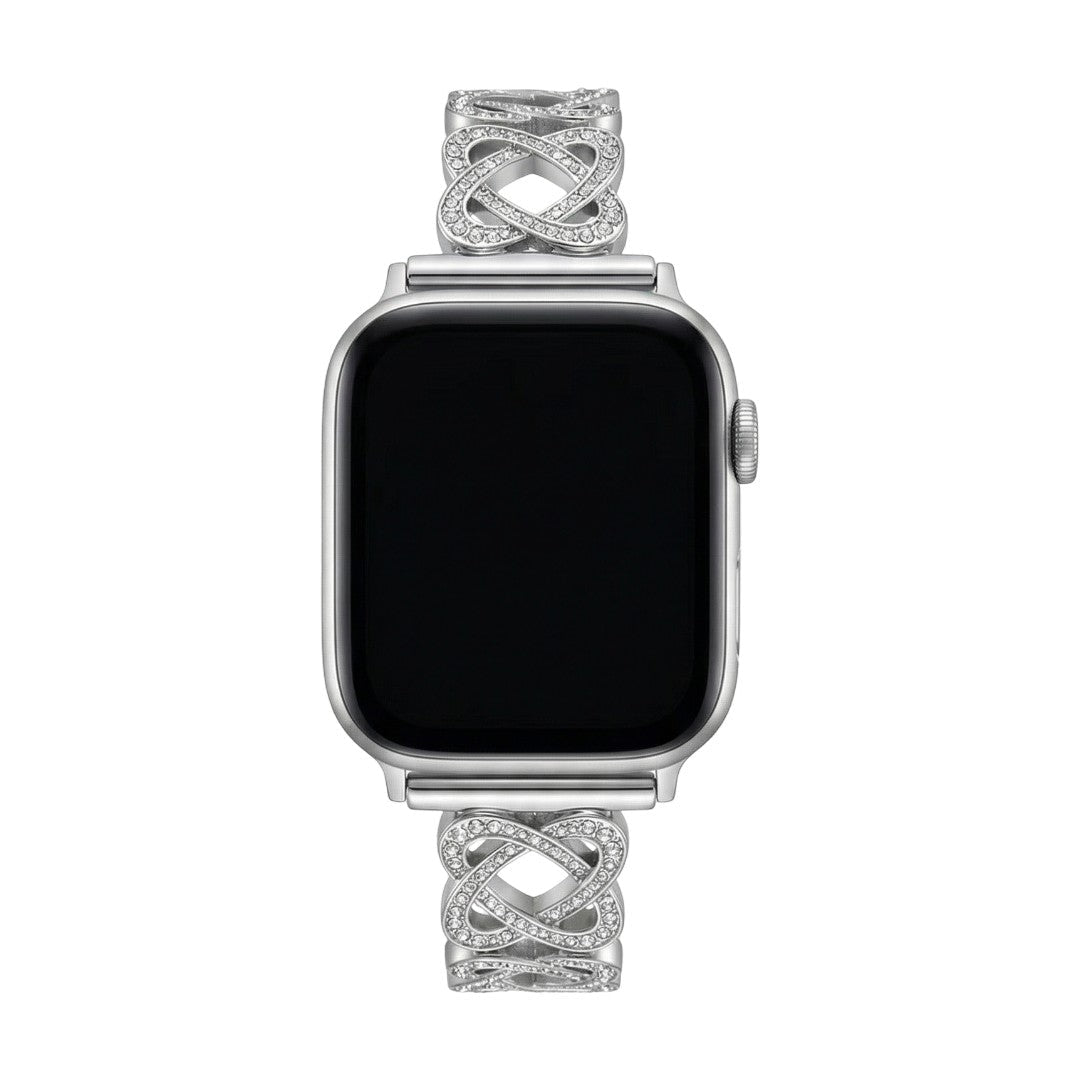 Correa Apple Watch de eslabones entrelazados, motivo infinito engastado con circonitas, cierre de trinquete, modelo Zergone