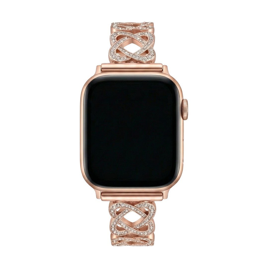 Correa Apple Watch de eslabones entrelazados, motivo infinito engastado con circonitas, cierre de trinquete, modelo Zergone