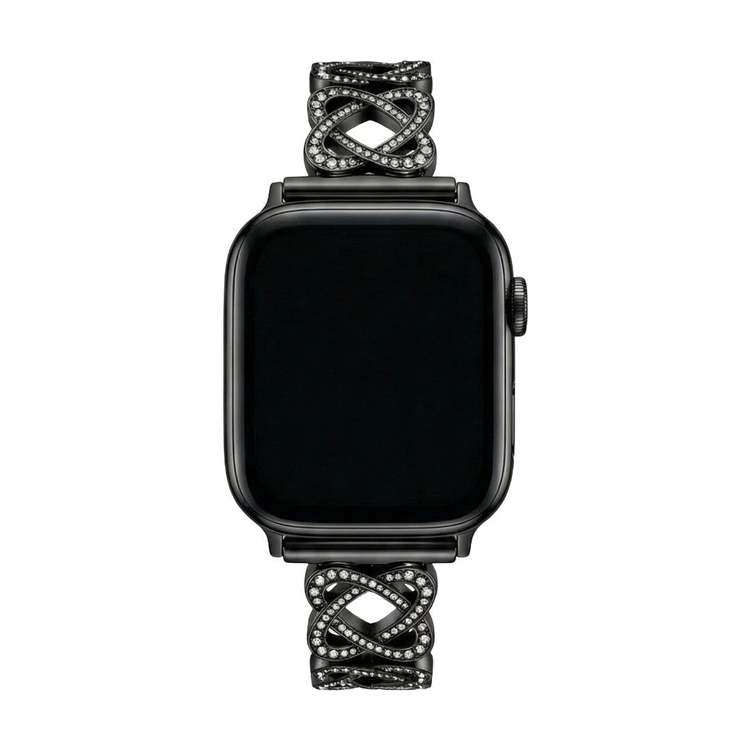 Correa Apple Watch de eslabones entrelazados, motivo infinito engastado con circonitas, cierre de trinquete, modelo Zergone