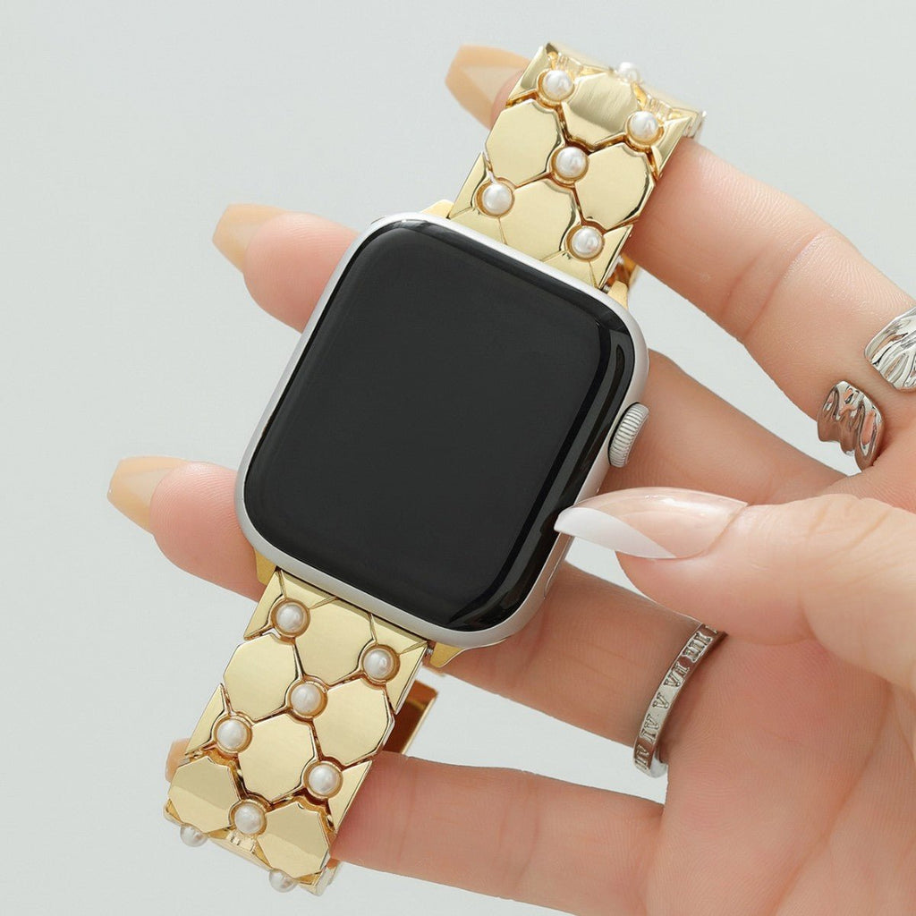 Correa Apple Watch de metal perlado, eslabones geométricos elegantes, acabado brillante refinado, modelo Pita