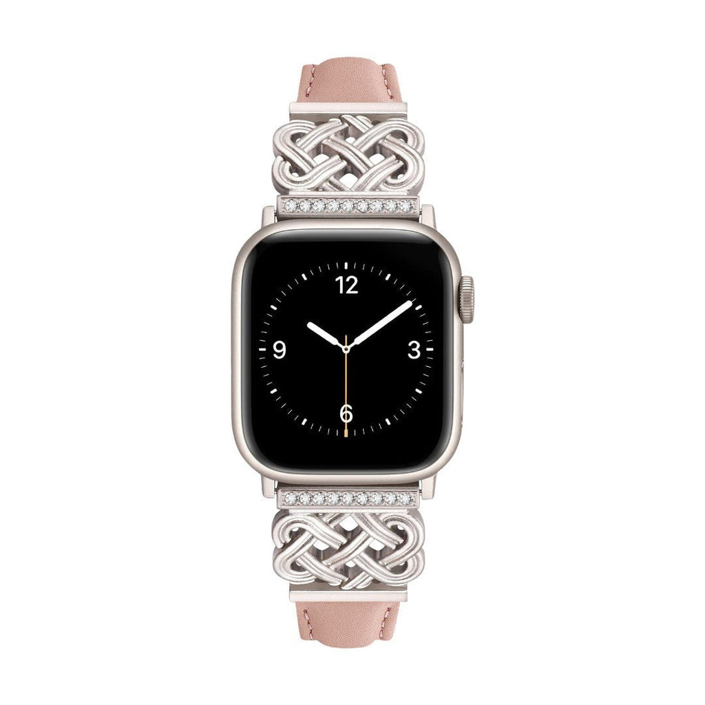 Correa Apple Watch, motivo de nudo chino engastado con circonitas, banda lisa, modelo Celtia
