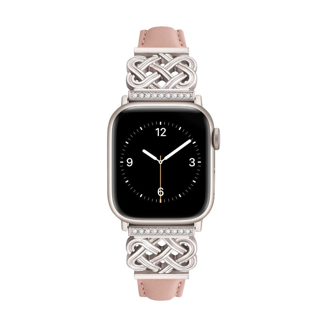 Correa Apple Watch, motivo de nudo chino engastado con circonitas, banda lisa, modelo Celtia