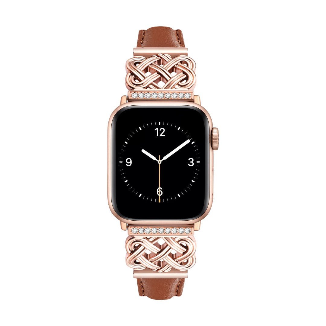 Correa Apple Watch, motivo de nudo chino engastado con circonitas, banda lisa, modelo Celtia